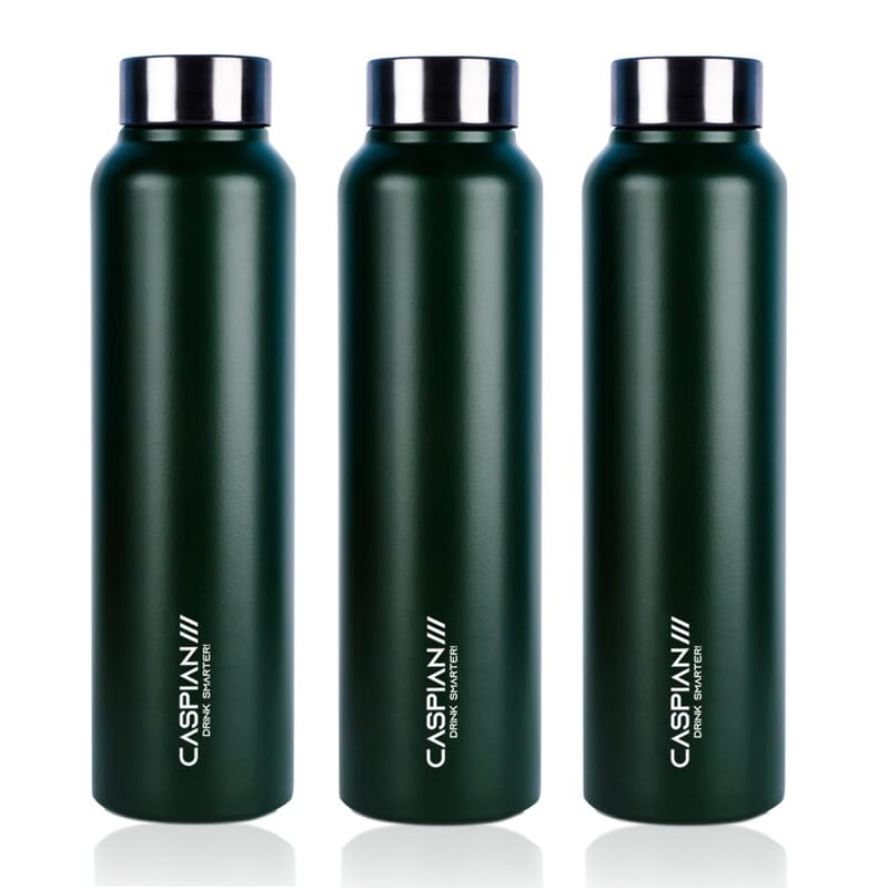 Image of CASPIAN / / / Astra Stainless Steel Water Bottle 1 ltr (Litre) for Fridge, Home, Office, School, Gym-Ideal for Adults, Men, Women, Kids, Boys, Girls-1000ml Leakproof, Rust free, Set of 3, Forest Green