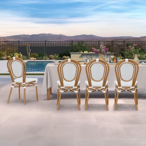 Image of PURPLE LEAF Patio Dining Chair Set of 4 Outdoor French Aluminium Frame in Bamboo Finish with White & Gray Woven Rattan for Indoor Kitchen Deck Bistros Cafe Restaurant