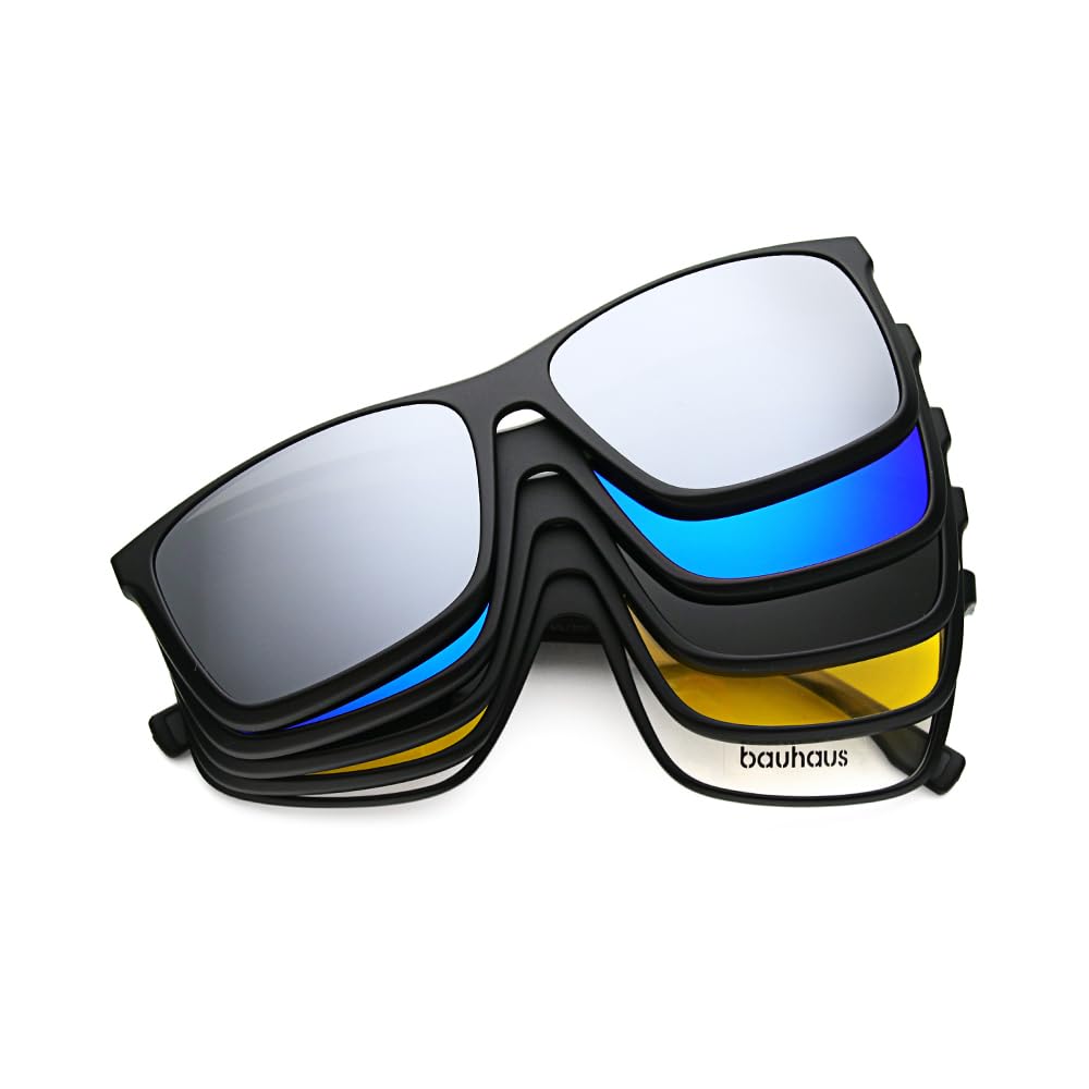 Bauhaus Magnetic Clip on Sunglasses for Men & Women Polarized UV Protection Retro Square Eyeglasses Fit Over Night Driving