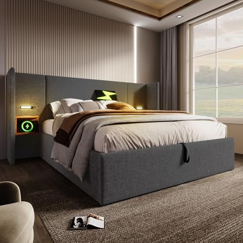 Gegtuon Doppelbett Polsterbett 180x200 mit LED-Licht & USB-Nachttischen, Bett Hydraulisch Stauraumbett mit Stauraum Kopfteil, Jugendbett Bettgestell mit Holz Lattenrost, ohne Matratze, Leinen (Grau)