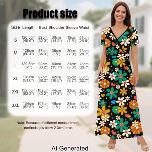 Image of Women's Fall Summer Short Sleeve Ankle Length V-Neck Party Dress with Pockets Size S-3XL