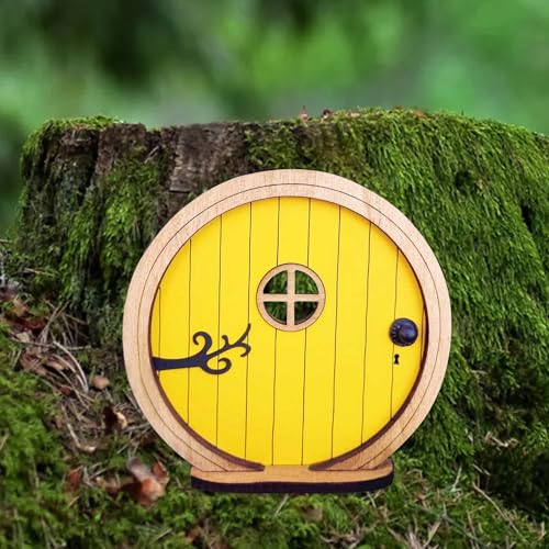 Gwezmxs Holz Feentür Wichteltür für Baum & Garten - Gelb, 10,5x10,5 cm