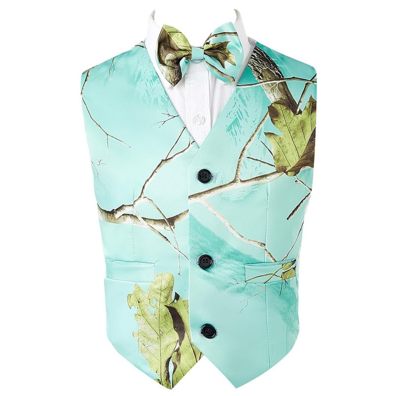 Boys' Lake Blue Camo Vest 3 Buttons Side Pockets Matching Bow Tie Stylish Formal Sleeveless Outerwear for Weddings
