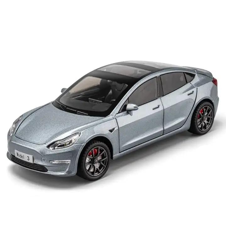 Image of 1:24 Tesla Model - 3 Model Car with Box, Zinc Alloy Pull Back Toy car with Sound and Light for Kids Boy Girl Gift [Colors as Per Stock]
