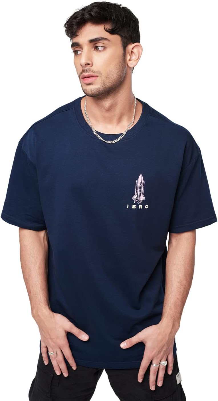The Souled Store Men Official ISRO: India Pride Navy Blue Printed Oversized T-Shirts