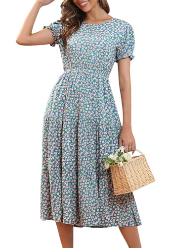 Image of NAVINS Womens Floral Print Modest Wedding Guest Midi Dress with Pockets | Puff sleeve tiered boho dress for summer, church, and vacations. Elastic waist, Below knee, hand or machine wash.