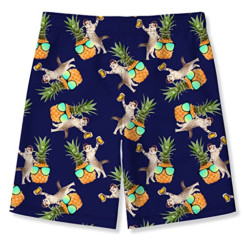 Alisister Big Boys Swim Trunks Size 10 Kids Pineapple Cat Beach Board Shorts Novelty Swimwear Funny Quick Dry Hawaiian Tropical Bathing Suit Mesh Lining Summer Pockets Clothing 9 Year Old Navy #TOP1