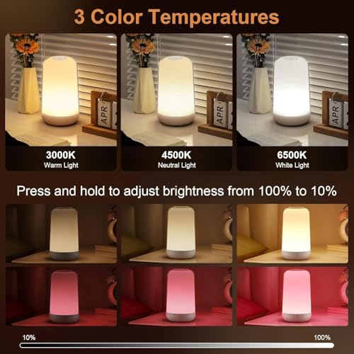 Image of Bedside Touch Lamp for Kids - LED Night Light with 3 Color Temperature, 7-Color Changing, Rechargeable 3600mAh Battery, Touch Control,Type-C Charging, Eye-Caring & Portable for Nursery,Bedroom