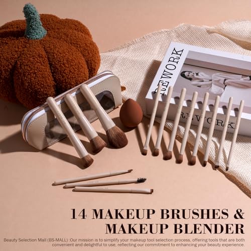 Image of BS-MALL 14 Pcs Makeup Brushes Set with 1 Pcs Makeup Sponge - Essential Foundation Powder Concealers, Eye Shadows, Blush Makeup Brushes with Travel Makeup Case (Beige)
