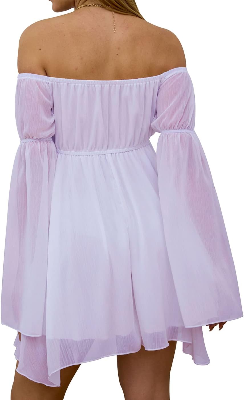 Womens Off Shoulder Dress Bell Sleeve Lace-Up Elastic Waist Chiffon Flowy Casual Party Irregular Mini Dresses - Image 2
