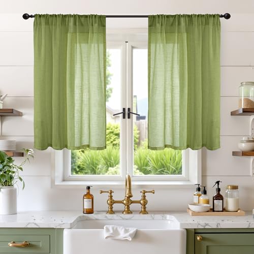 Image of BGment Olive Green Linen Curtains 36 Inch Length for Short Kitchen Window - Rod Pocket Small Drapes Sheer Light Filtering for Cafe Bedroom Decor Lightweight Natural Rustic, 2 Panels Set, 42 X 36 Inch