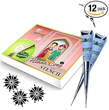Nayab Heena Leaf of Natural Henna Mehandi Cone All Seasonal Festival Mehandi Cones-12 Pieces in 1 Box with 8 Henna Stencils (Red)