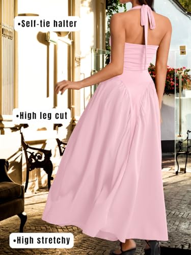 Image of ChiaoLezhee Deep V Neck Dress, Halter Maxi Dresses, Vacation Date Night, Sexy for Women Corset Flowy Wedding Guest Drop Waist