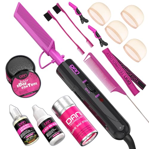 DAN Technology hot comb set Wig Installation Kit hot comb WigGlue and Remover Hair Wax Stick Edge Control Gel HD wig cap Lace Melting Band Hair Edge Brush Rat Tail Comb Salon Styling Clips
