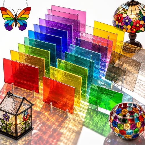 Mifoci 24 Sheets Coe 96 Fusible Glass 4 x 6 Inch Transparent Rainbow Colored Stained Glass Supplies for Kiln Fusing Mosaic Art Suncatcher Lamp Decor and Small DIY Handmade Projects