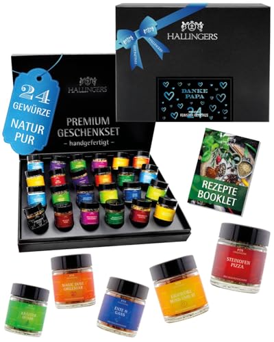 Hallingers Genuss Manufaktur Gewürze Geschenkset Vatertag – 24 Premium Gewürze aus aller Welt im Glas, edle Geschenkbox, Gewürz-Set Danke Papa, Geschenkidee für Männer Väter, auch zu Weihnachten