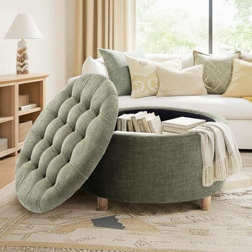 SNUGWAY Classic 28-Inch Wide Button Tufted Round Storage Ottoman with