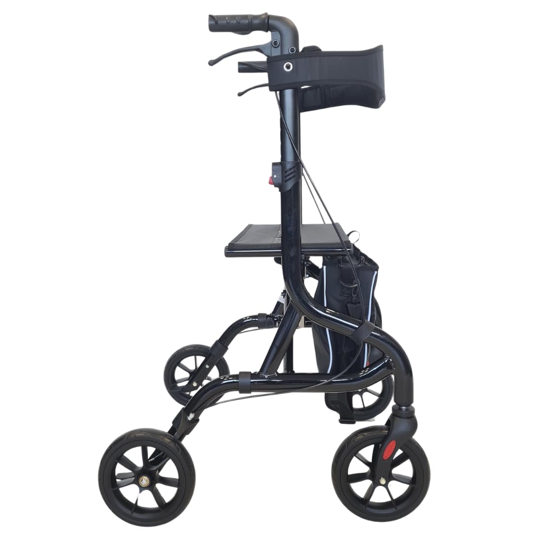 abc HOME Ultra-Leichtgewicht Rollator 6 kg – Aluminium Gehwagen klappbar bis 130 kg – Reise-Rollator mit Ankipphilfe, Sitz & Tasche – 5-fach höhenverstellbar – Schwarz (Nobles Schwarz)