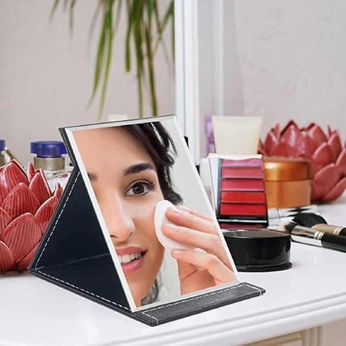 Image of Folding Portable Makeup Mirror with Adjustable Stand | HD Frameless Beveled Design | Travel-Friendly PU Leather Vanity Mirror for Desk, Dresser & Bathroom,Rectangular (Black Square Edge Mirror)