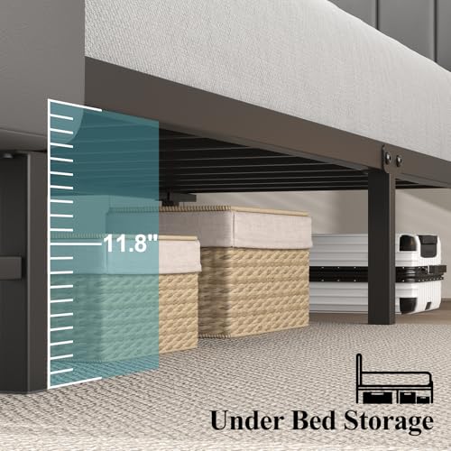 Image of Queen Size Bed Frame with Star Projector & Charging Station, PU Leather Upholstered Platform with 2-Tier Storage Headboard & Storage Ottoman, Metal Support, Noise-Free, No Box Spring Needed, Grey