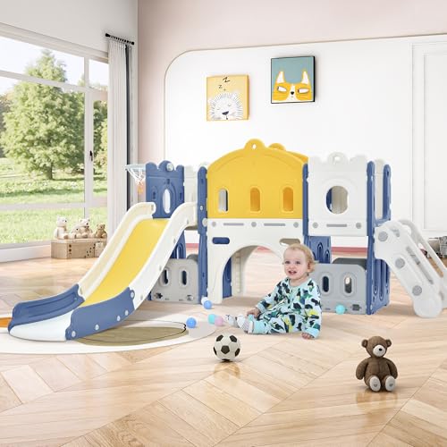Aveainelle Toboggan Exterieur/Interieur Enfant et Centre d'jeux pour Tout-Petits, Toboggans de Jardin pour Enfants avec Panier de Basket et Rangement, Toboggan Grimpeur pour Bébé de 1 À 3 Ans