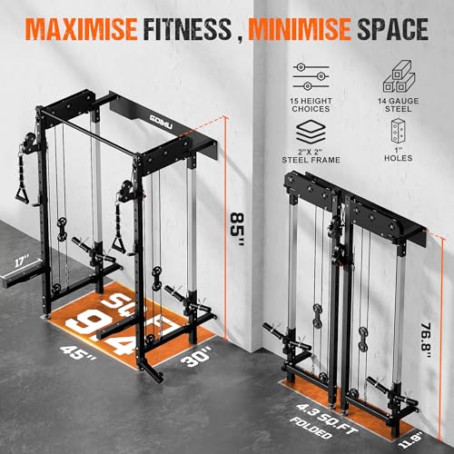 Image of WM3-V4 Folding Squat Rack, Wall Mounted Power Rack with Dual Independent Pulley System, Functional Trainer with 5 Adjustable Function Modes for Space Saving