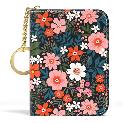 Image of Aiawoxc Credit Card Holder, Small RFID Wallet Slim Leather Card Organizer Case with Zipper and Keychain, Cute Flowers