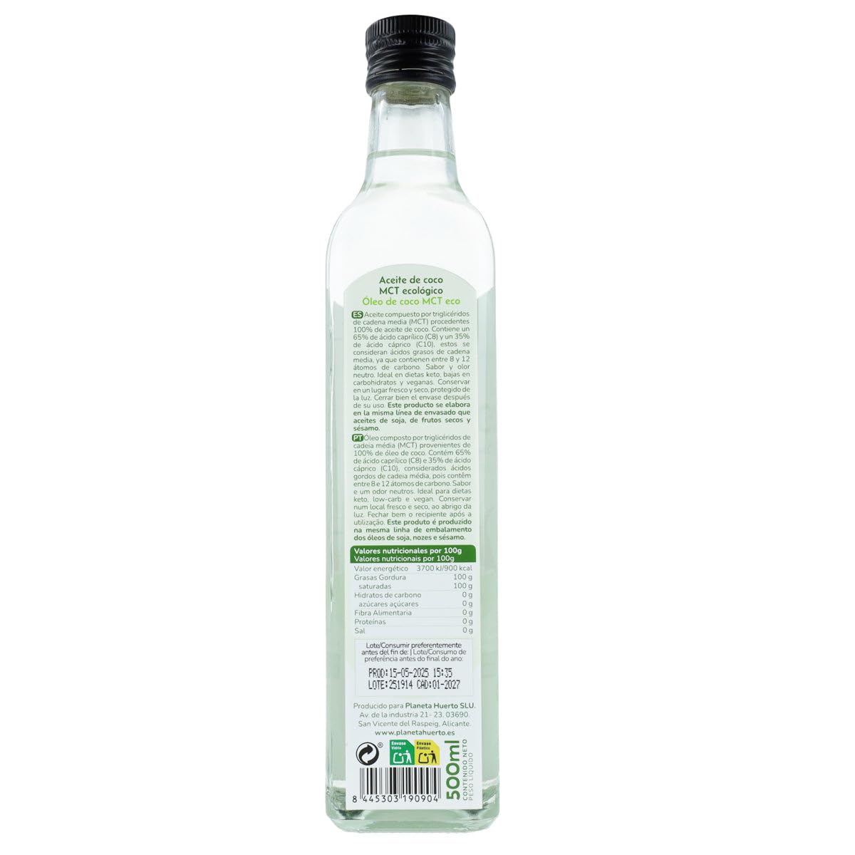 PLANETA HUERTO | Aceite de Coco MCT Ecológico 500 ml – Aceite de coco 100% Triglicéridos de Cadena Media con 65% Ácido Caprílico C8 y 35% Ácido Cáprico C10, Energía Cetogénica Rápida