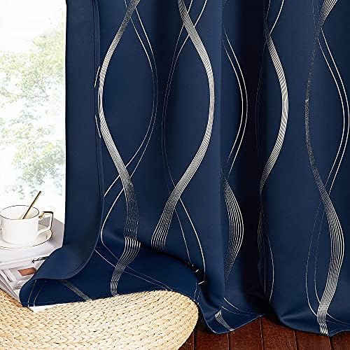 PONY DANCE Blackout Navy Curtains for Bedroom - 52 x 84 Inch, Eyelet Curtains for Living Room Thermal Insulated Silver Wave Line Foil Printed Window Curtains, Sold as Pair