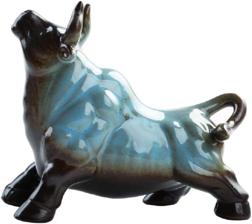 Wall Street Bull Arts Statues,Exquisite Ceramic Fortune Bulls Figurines and Sculptures Home & Office Tabletop Decor (Bullish-Blue)