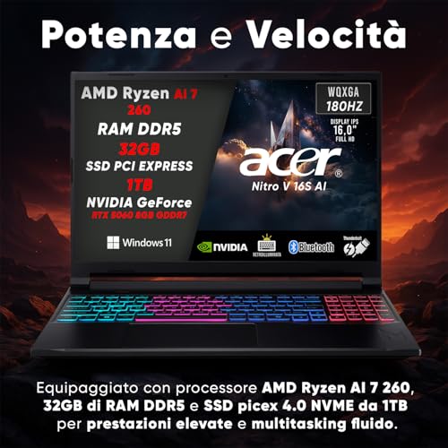 Nitro V16 AI Pc Gaming AMD Ryzen AI 7 260, NVIDIA GeForce 5060 (8Gb GDDR7), Laptop Gaming 32GB RAM DDR5, SSD 1TB, Display 16" FHD IPS 180 Hz, Tastiera RGB, Notebook Gaming, IA Top Pronta all'Uso - Notebook - Immagine 5