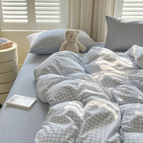 Image of mixinni Light Blue Gingham Duvet Cover Set Queen Size - 100% Washed Cotton 3 Piece Plaid Checkered Bedding Set, Soft Comfy Grid Farmhouse Comforter Cover with Zipper Closure & Corner Ties