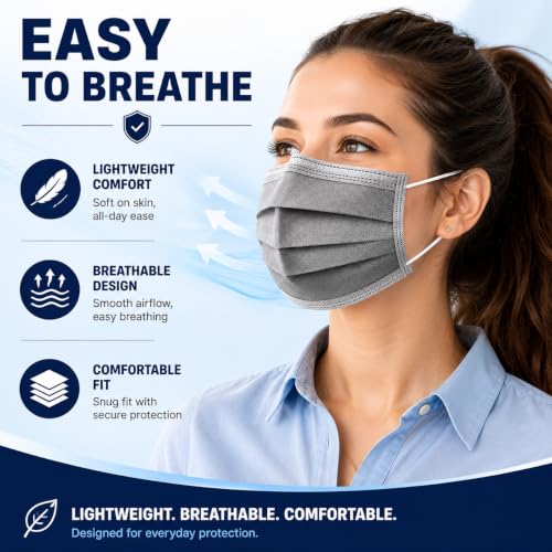 Image of Pack of 100 Disposable 3-Ply Face Mask | Soft on Skin | With Elastic Earloops and Nose Clip | Great For Office, School, Home, Kitchen and Outdoors | Unisex