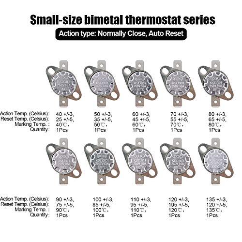 Hilitchi KSD301 20Pcs NO and NC Thermostat Temperature Thermal Control Switch Auto Reset 40C to 135C Thermal Control Switch Assortment Kit with Bimetal Disc. for Household Electric Appliances