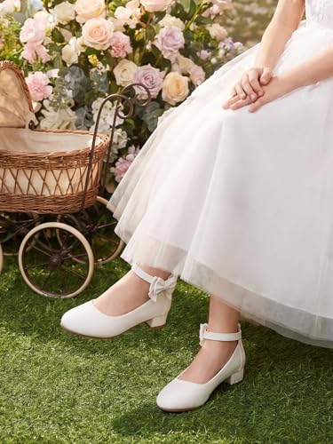 Image of Coutgo Girls Dress Shoes Flower Girl Bow Chunky Heels Closed Toe Ankle Strap Pumps Wedding Party Princess Shoes