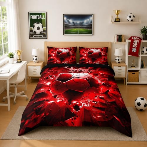 Image of Nttopship Soccer Bedding Comforter Set King Size for Kids Teens and Adults, Red and Black Football Printed Bedding Sets 3 PCS,Ball Sports Themed Bedroom Decor with 1 Comforter and 2 Pillowcases