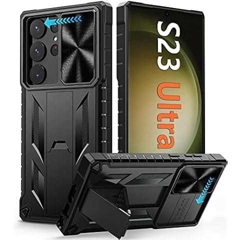 FNTCASE for Samsung S23 Ultra Case: Military Grade Drop Protection Cover Galaxy S23 Ultra Shockproof Heavy Duty Matte Mobile Rugged Cases with Kickstand and Slide Cover Black Cover