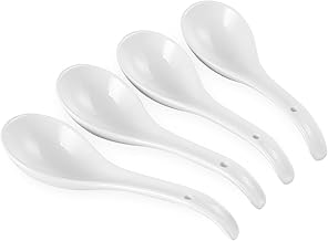 AXIAOLU Asian Soup Spoon,6.75 Inch Ceramic Ramen Spoon,White Chinese Soup Spoons,with Deep Oval Hook Design,for Dumpling,Pho,Noodles,Miso,Wonton,Set of 4