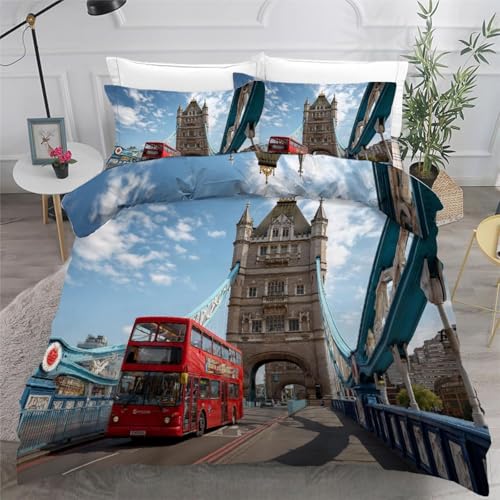 HATEGE Housse de Couette 1 Personne 150x200 Autobus de Londres Parure de Lit Réversible Pont de La Tour 3D Housse Couette Microfibre Ensemble de Literie 2...