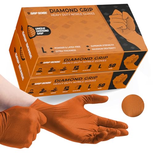 GripSense Guantes Nitrilo Talla L (2 Packs de 50) – Guantes Fregar Agarre de Diamante – Guantes de Trabajo Extragruesos, Superresistentes, Máxima Precisión – Guantes Mecánico Sin Látex ni Polvo