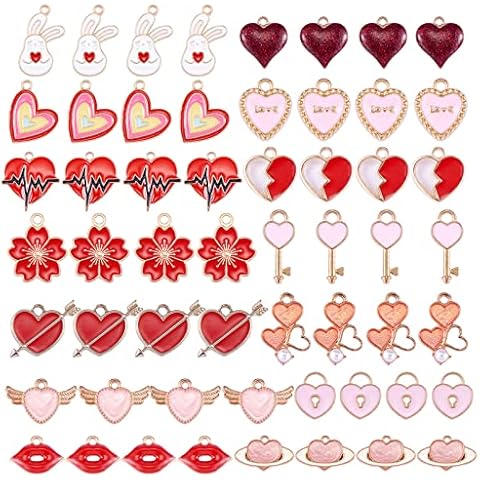 COGCHARGER 56 Pcs Heart Enamel Charms Pendant Pink Love Heart Charms for Jewelry Necklace Bracelet Earring Gifts Making Cover