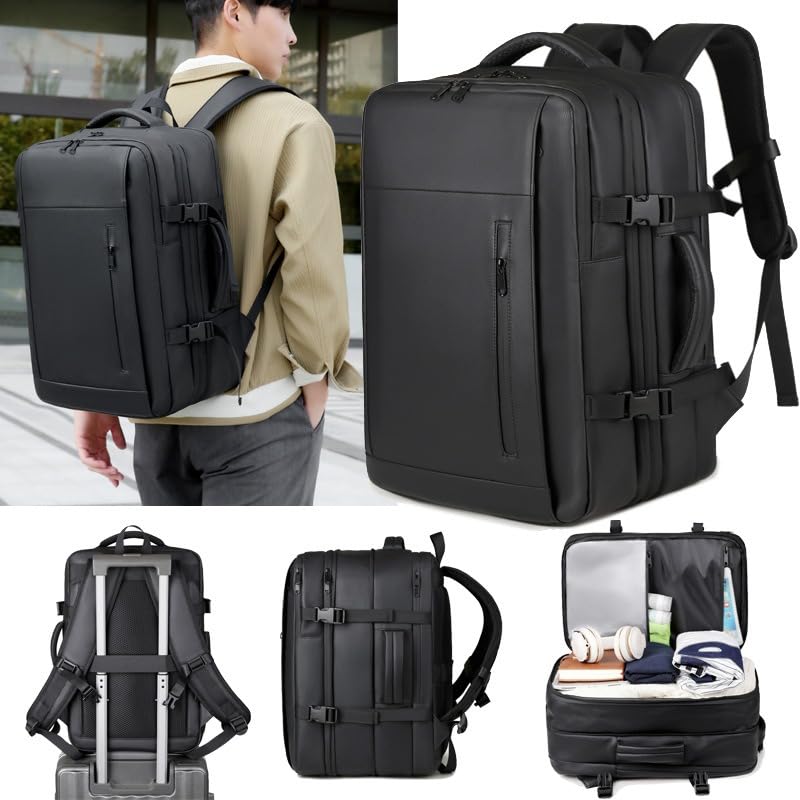 Image of 60L Vacuum Compression Travel Backpack with Air Pump - Expandable Carry-On, Anti-Theft Laptop Backpack Fits 17.3 inch, TSA Lock, Space-Saving Travel Bag