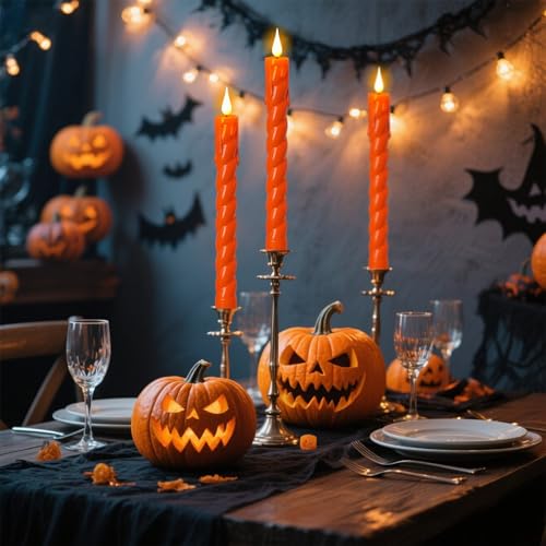 Image of Flickering Flameless Taper Candles with Remote and Timer, 2 Pack Battery Operated LED Taper Candles 3D Wick Plastic Dripping Effect Dinner Halloween Indoor Decor(Orange, 0.78 inch D x 9.65 inch H)