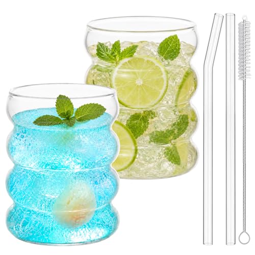 Gläser Set 4 Stück Gerippte Trinkgläser mit Glasstrohhalmen 350ml Wave Bubble Gläser Matcha Glas Cocktailgläser Eiskaffeegläser Longdrinkgläser mit Bürste für Whisky Joghurt Soda Kaffee (4)