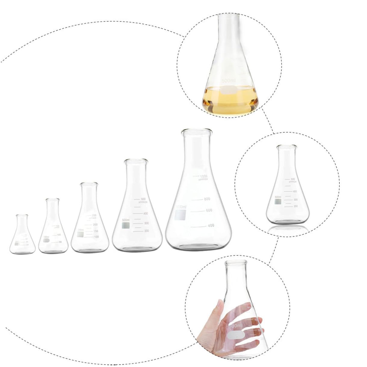 5 Pezzi Beuta Conica in Vetro per Laboratorio Collo Largo | Fondo Piatto, Tacche Standard, Area di Marcatura Ampia, Vetro a Spessore Uniforme