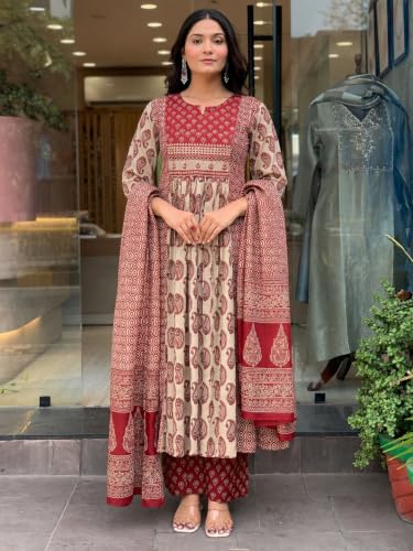 Image of ANNI Designer Kurta Set for Women Viscose Embroidered | Straight Kurta Pant Dupatta Set for Woman | Long Sleeve Round Neck V-Slit Stylish Ethnic 3 Piece Outfit Trendy Women Clothing