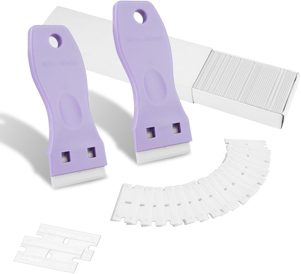 Plastic Scraper Kit Include 2PCS Scraper Tool and 100PCS Blades for Removing Labels Stickers Decals on 3D printer beds,Glass,and Windows Animal Cage Cleaner