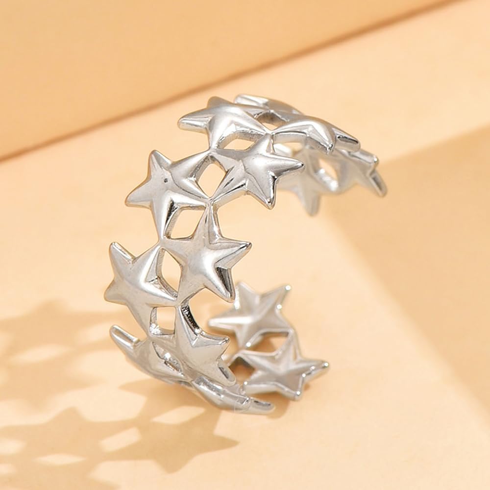 Cute Star Open Eternity Promise Rings for Women Men Stainless Steel Adjustable Finger Knuckle Statement Ring Dainty Luck Star Stackable Wedding Middle Band Minimalist Comfort Fit Fashion Jewelry - Image 3