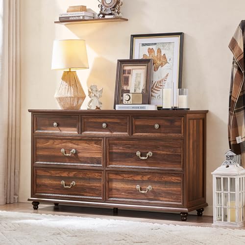Joaxswe Farmhouse 7 Drawers Dresser for Bedroom, Brown 54 Inch Wide Chest of Drawers w/ 4 Wooden Legs, Large Vintage Rustic Closet Dressers for Living Room, Wood TV Stand with Storage Organizer