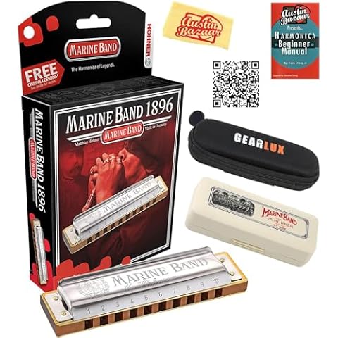 Hohner Marine Band 1896 Harmonica - Key of C Bundle with Zip Case, Instructional Manual, and Austin Bazaar Polishing Cloth Cover